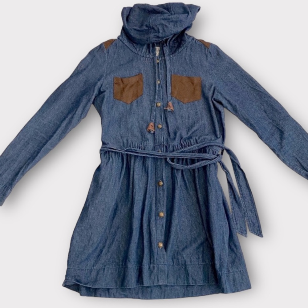 Elite Group Women’s Dress One Size Hooded Button Front Belted Denim Leather Trim
